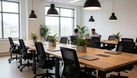 Espace de coworking avec tables en bois, chaises ergonomiques, plantes et ordinateurs portables. Grandes fenêtres, lumière naturelle et ambiance professionnelle.