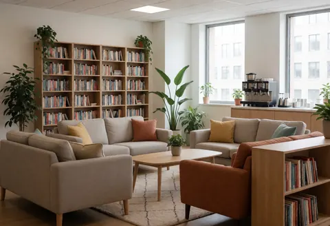 Vue intérieure d'un espace de coworking avec canapé, étagères, livres, plantes et fenêtres laissant entrer la lumière naturelle.