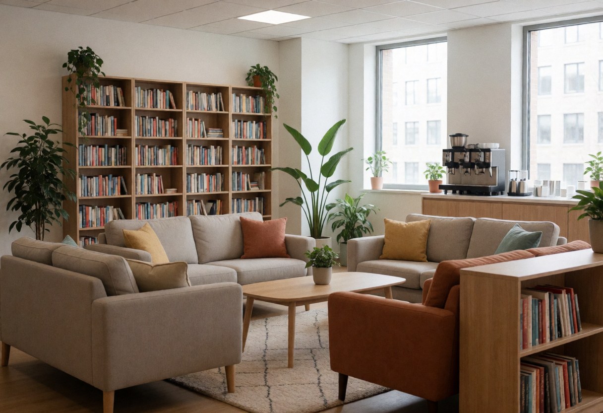 Vue intérieure d'un espace de coworking avec canapé, étagères, livres, plantes et fenêtres laissant entrer la lumière naturelle.