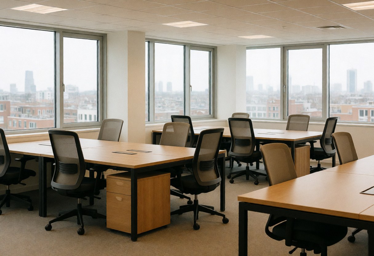 Espace de coworking lumineux avec tables en bois, chaises ergonomiques et grandes fenêtres offrant une vue urbaine.