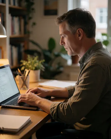 Un consultant adulte utilise son ordinateur portable sur un bureau en bois, avec des livres et des plantes en arrière-plan flou dans un environnement professionnel éclairé.