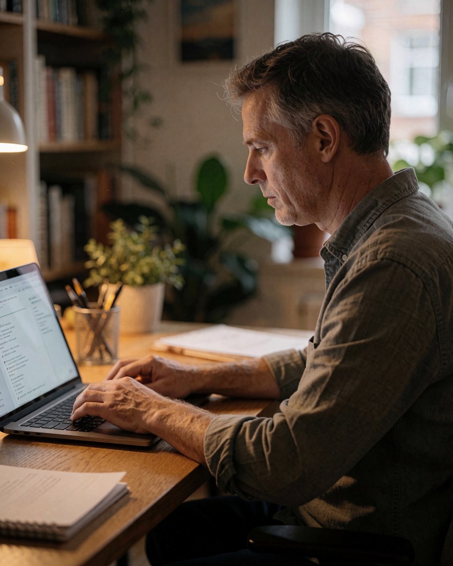 Un consultant adulte utilise son ordinateur portable sur un bureau en bois, avec des livres et des plantes en arrière-plan flou dans un environnement professionnel éclairé.