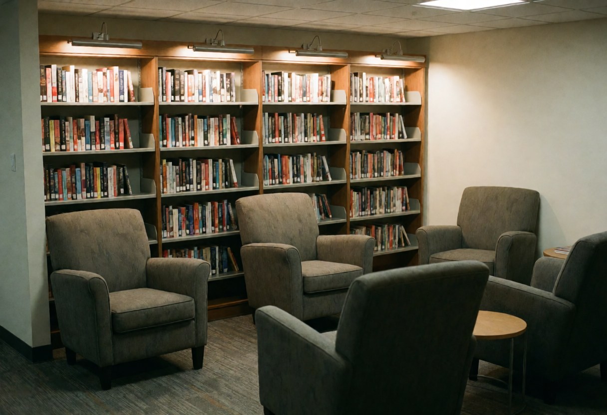 Coin lecture confortable doté de fauteuils moelleux et d'étagères remplies de livres, baigné d'une lumière chaleureuse pour un travail serein en coworking.