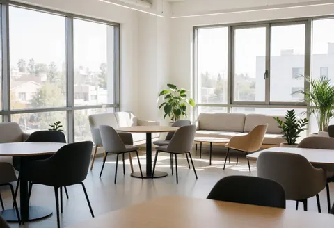 Intérieur vide d'un espace de coworking avec des meubles modernes, des plantes vertes et de grandes fenêtres laissant entrer la lumière naturelle du soleil.