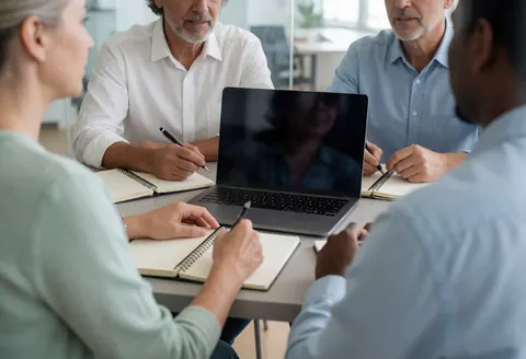 Quatre personnes collaborent lors d'une réunion professionnelle dans un espace de coworking moderne, utilisant ordinateurs portables et carnets sur une table.