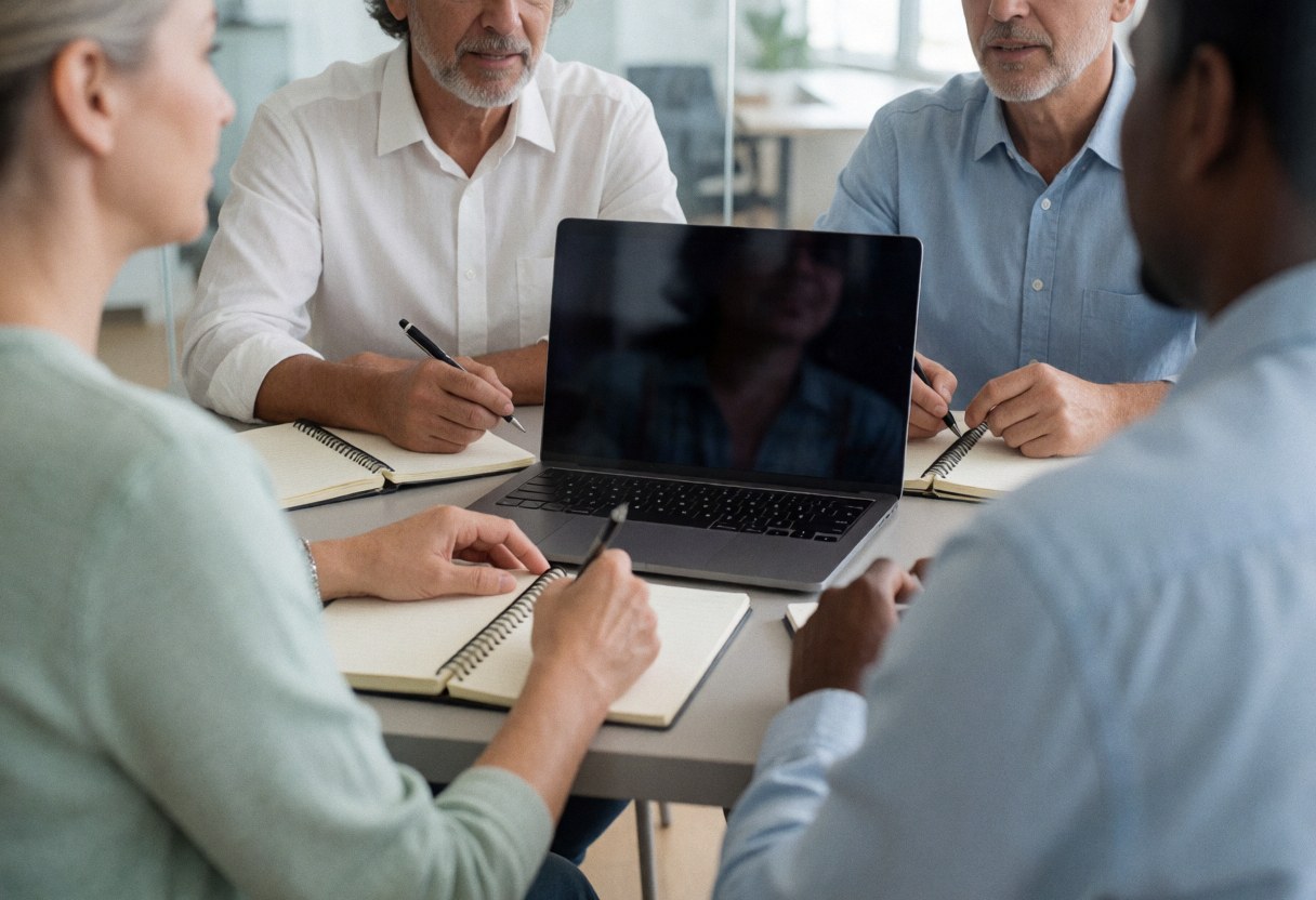 Quatre personnes collaborent lors d'une réunion professionnelle dans un espace de coworking moderne, utilisant ordinateurs portables et carnets sur une table.