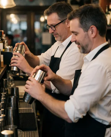 Groupe de professionnels du bar travaillant ensemble derrière le comptoir d'un établissement de style britannique.