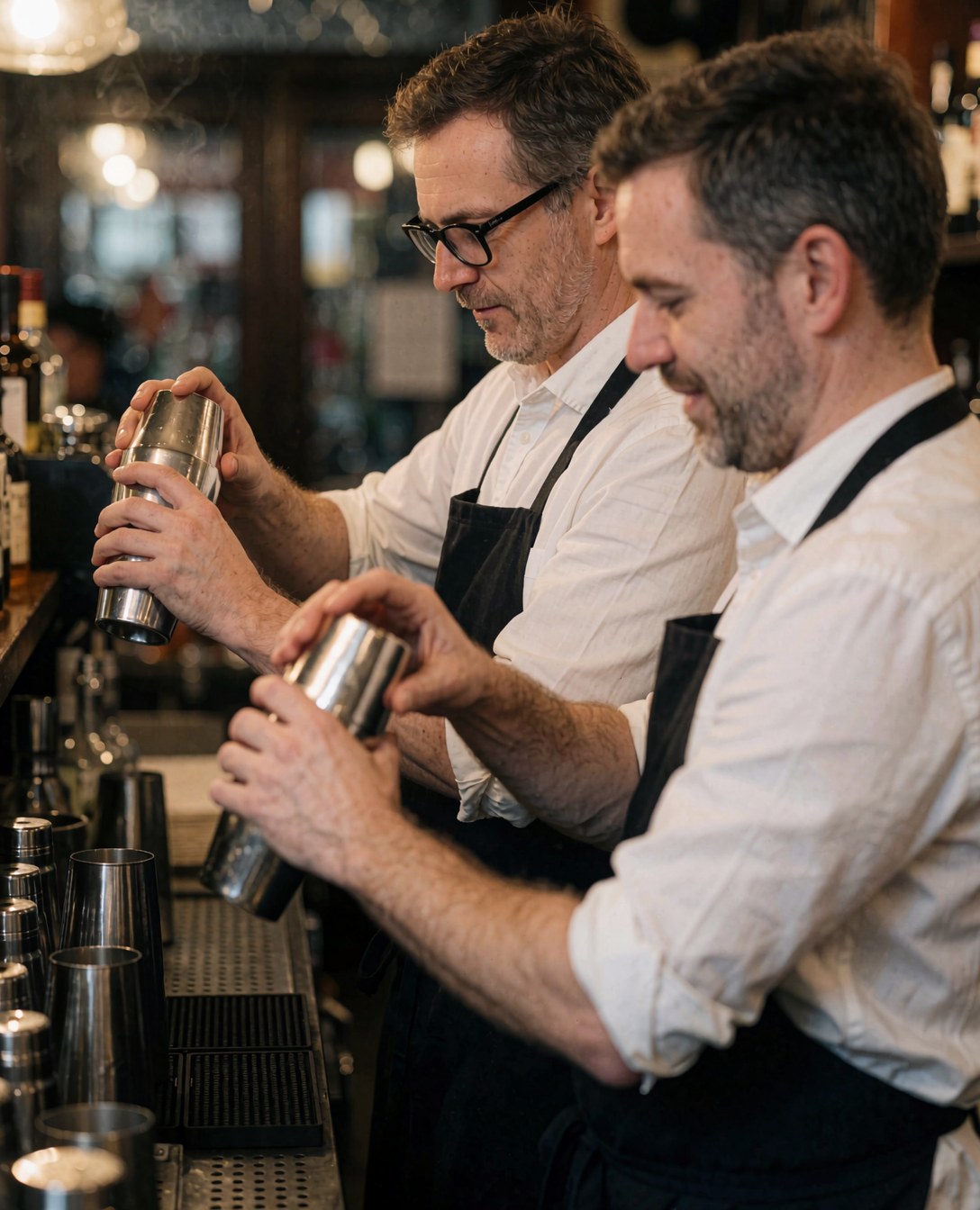 Groupe de professionnels du bar travaillant ensemble derrière le comptoir d'un établissement de style britannique.