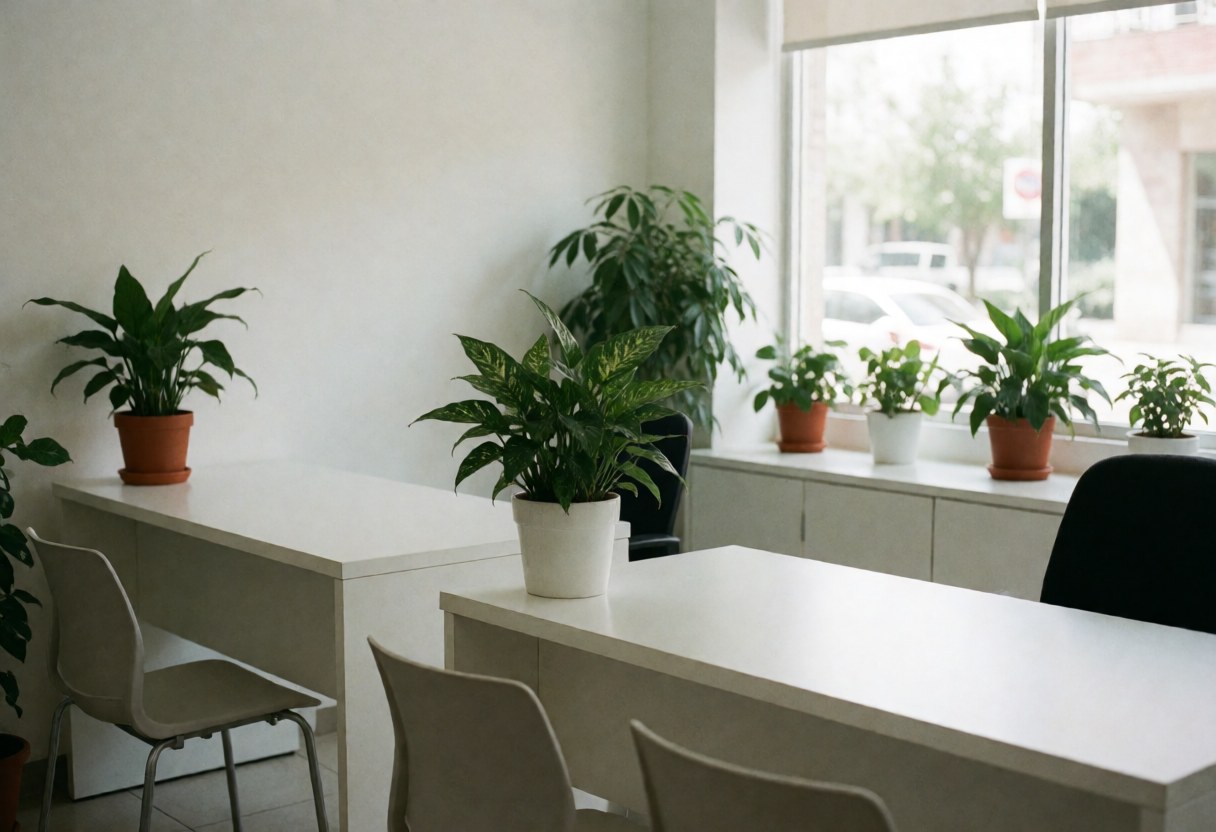 Espace d'accueil d'entreprise lumineux avec tables blanches, chaises, plantes vertes et grandes fenêtres laissant entrer la lumière naturelle.