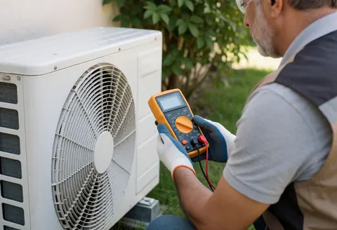 Un technicien portant des lunettes et des gants examine une unité extérieure de climatisation à l'aide d'un multimètre dans un jardin ensoleillé.