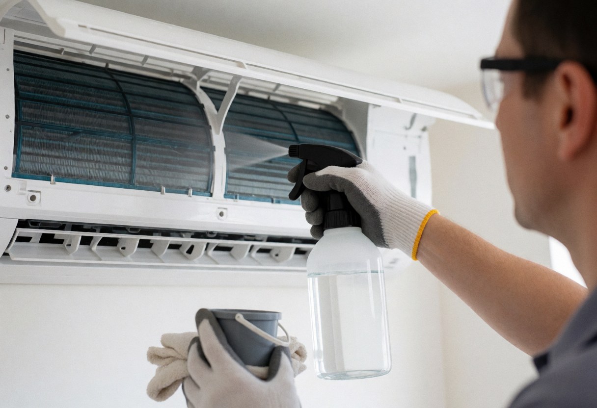 Un technicien en gants et lunettes de sécurité nettoie un collecteur avec un spray, tenant un seau et un chiffon dans un environnement professionnel.