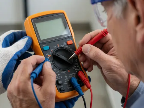 Un multimètre posé sur un panneau de commande électrique avec des câbles visibles pour la mesure du voltage.