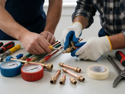Un technicien en gants et lunettes de sécurité manipule des tubes en cuivre et des manomètres sur une table de travail entourée d'outils professionnels.