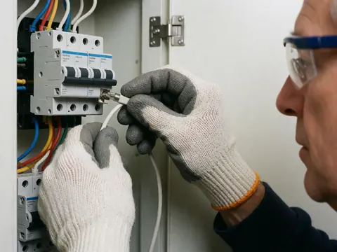 Un électricien portant des gants et des lunettes de sécurité branche un fil blanc sur un interrupteur dans une boîte électrique, montrant un travail professionnel et sécurisé.