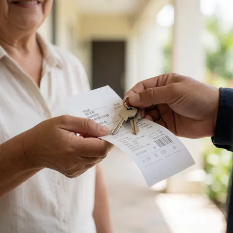 Un électricien remet les clés et un reçu à une cliente dans l'entrée d'une maison, marquant la fin du service.