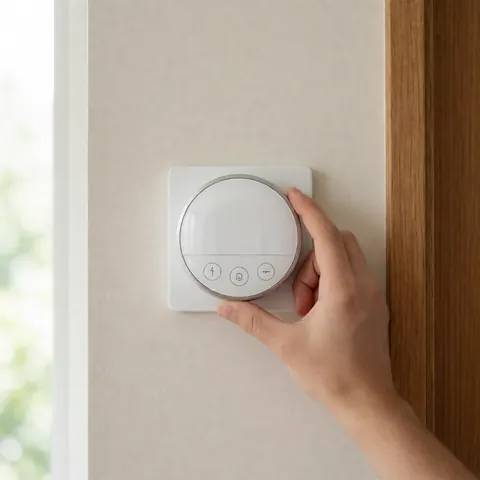 Installation d'un thermostat connecté moderne sur une paroi intérieure pour la gestion du climat.
