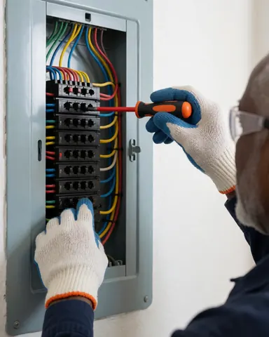 Un électricien portant des gants et des lunettes de sécurité ajuste des câbles dans un panneau électrique résidentiel sur un mur blanc propre.