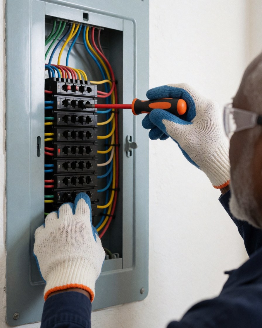 Un électricien portant des gants et des lunettes de sécurité ajuste des câbles dans un panneau électrique résidentiel sur un mur blanc propre.