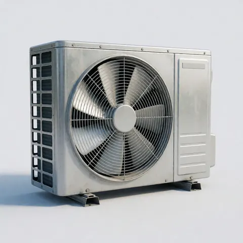 Vue frontale d'une unité extérieure de condensation grise en métal sur fond blanc, équipée d'un ventilateur visible, destinée à la climatisation industrielle ou commerciale.