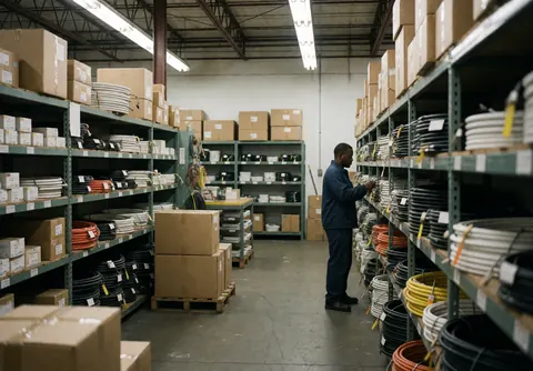 Un employé range des fils noirs blancs et orange sur des palettes dans un magasin d'outillage industriel avec étagères hautes et éclairage fluorescent.