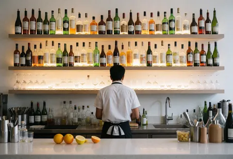 Comptoir de bar propre et ordonné, éclairé, avec des bouteilles, des verres et des tranches de fruits prêts pour la préparation de cocktails.
