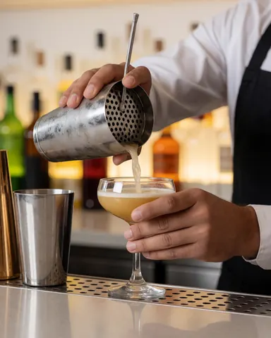 Prise de vue montrant la préparation et le service d'un cocktail dans un cadre professionnel de bar avec éclairage chaleureux.