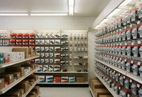 Vue intérieure d'un commerce d'articles électriques désert, présentant des étagères remplies de câbles, d'interrupteurs et de boîtes de produits sous un éclairage fluorescent propre.