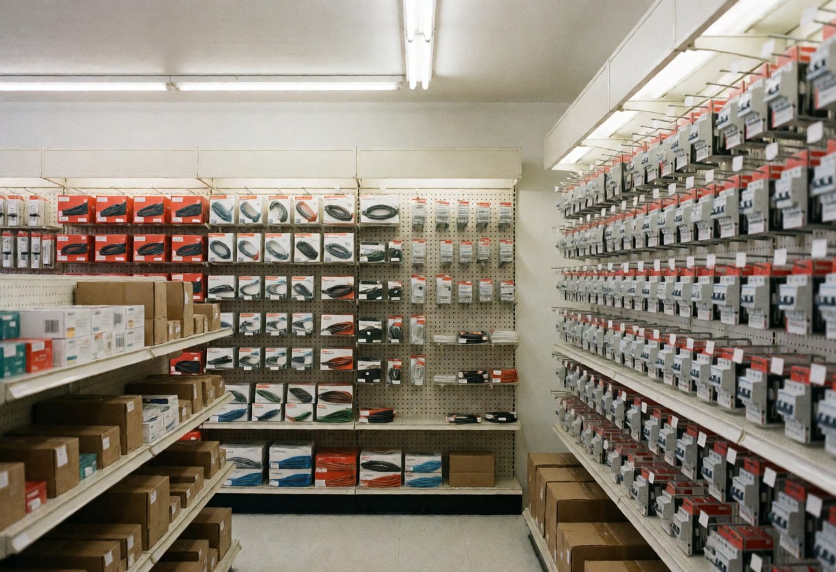 Vue intérieure d'un commerce d'articles électriques désert, présentant des étagères remplies de câbles, d'interrupteurs et de boîtes de produits sous un éclairage fluorescent propre.
