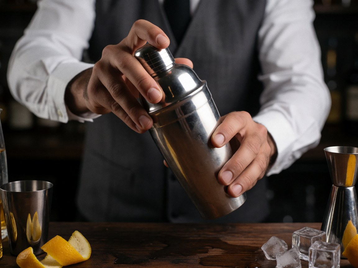 Mains en train de préparer un cocktail à l'aide d'un shaker métallique sur un comptoir en bois sombre.