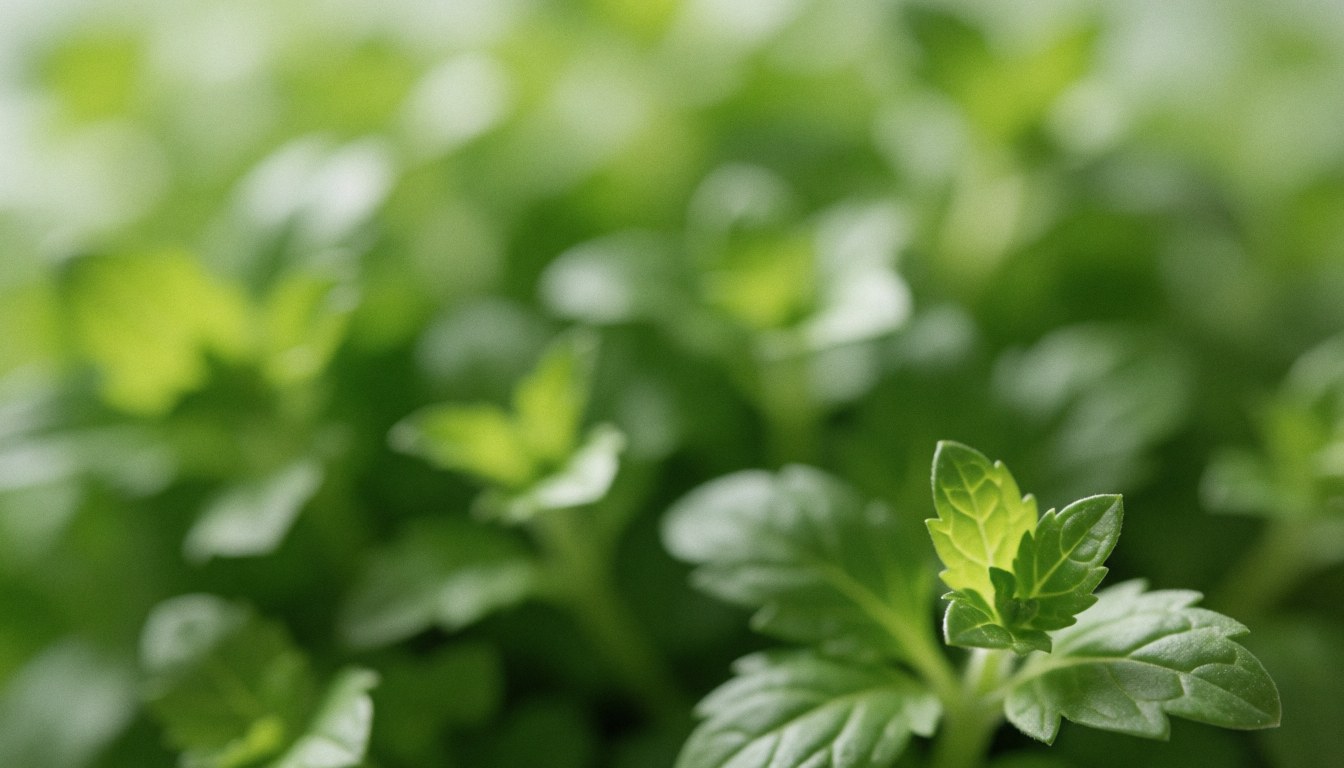 Fond abstrait d'herbes vertes fraîches et naturelles, idéal pour les textes de catering, cuisine ou alimentation saine, avec lumière naturelle et tons verts purs.