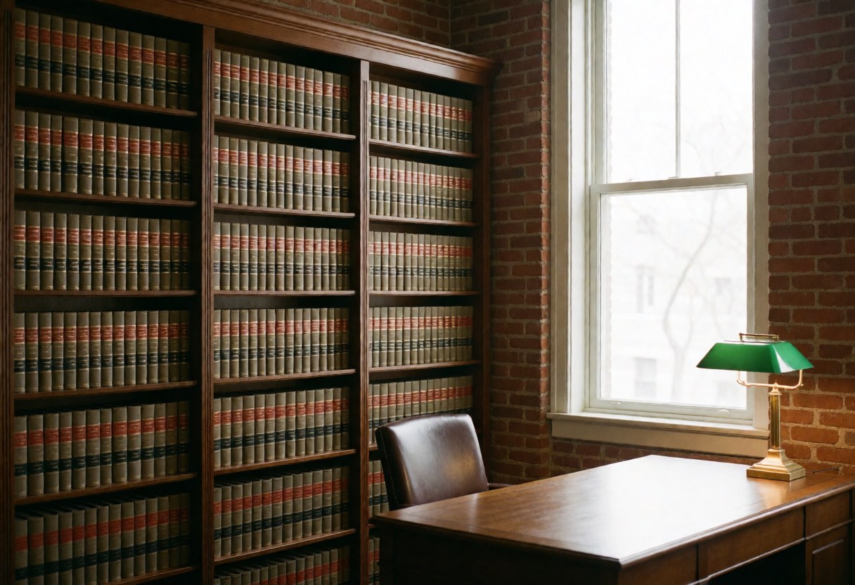 Bureau d'avocat avec étagères remplies de livres, bureau en bois, chaise en cuir et fenêtre laissant entrer la lumière naturelle.