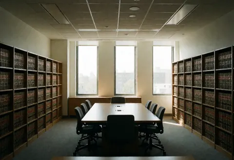 Bureau moderne avec étagères remplies de livres juridiques, une table de conférence et des chaises, éclairé par la lumière naturelle de fenêtres hautes.