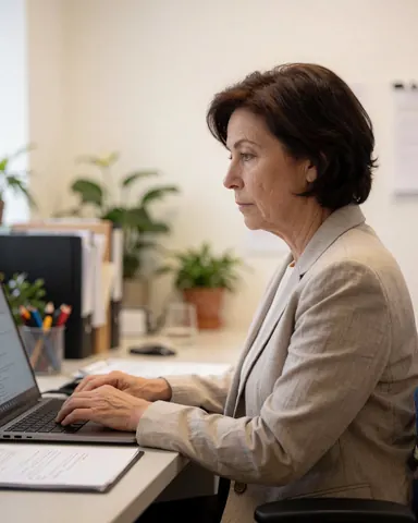 Une superviseuse concentrée travaille sur son ordinateur portable, entourée de documents et de plantes dans un bureau moderne et professionnel.