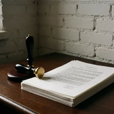 Gros plan d'un sceau de cire doré à côté d'une pile de documents officiels sur une table en bois sombre avec un mur de briques blanches en arrière-plan.