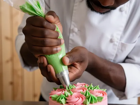 Professionnel utilisant une spatule et une cuillère pour appliquer un glaçage vert et rose sur un gâteau dans une cuisine en bois clair.