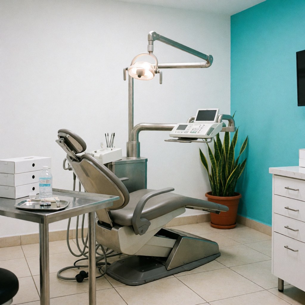 Caméra dentaire sur chaise avec mur turquoise et plante dans un environnement professionnel et hygiénique de cabinet dentaire.