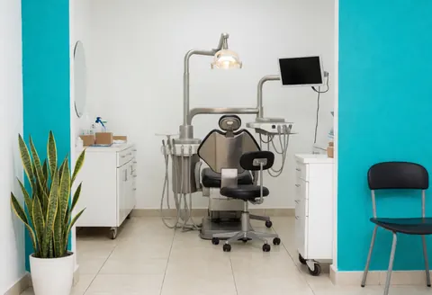 Vue intérieure d'un cabinet dentaire contemporain affichant une chaise noire, des murs turquoise, un sol beige clair et une décoration végétale.