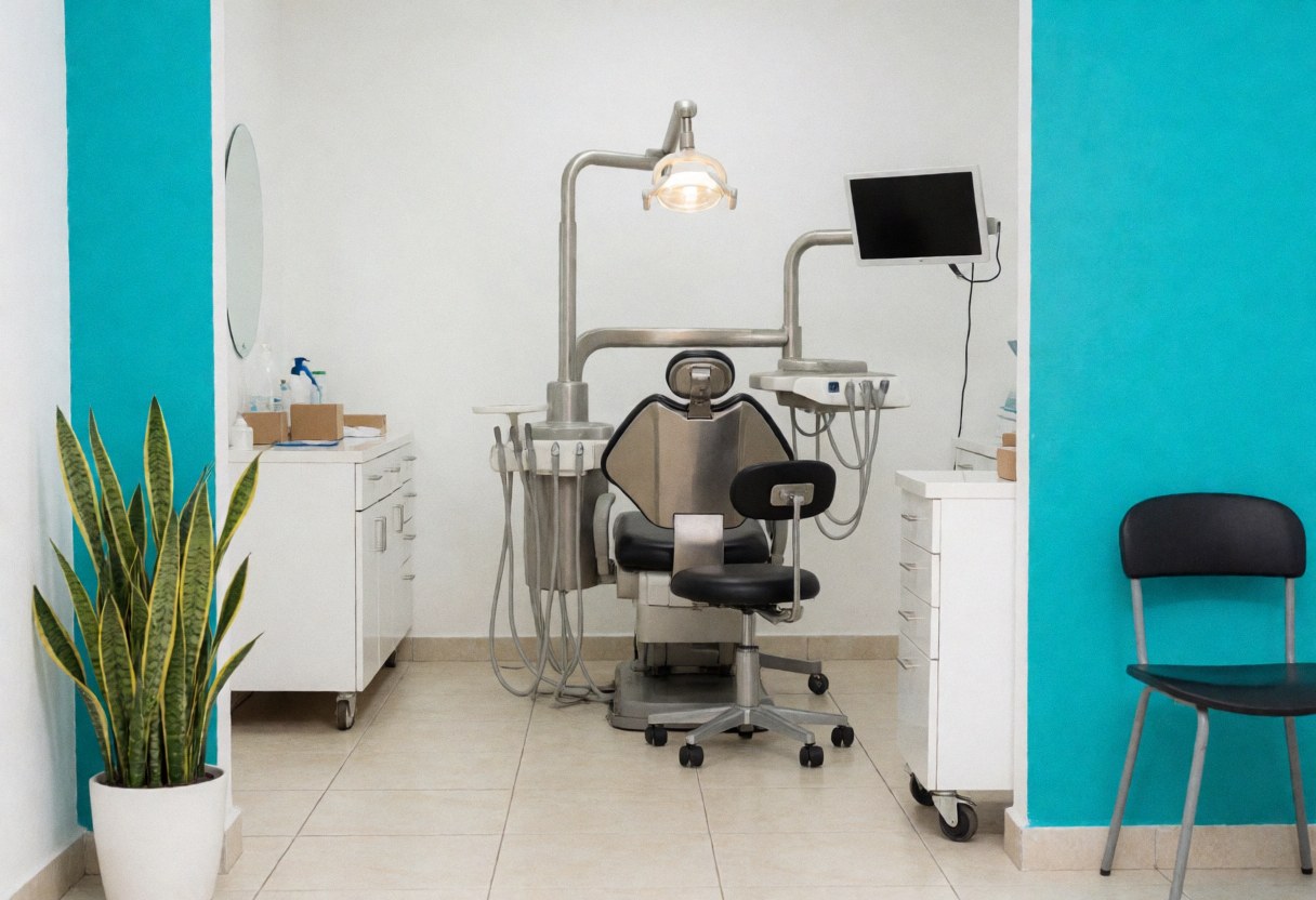 Vue intérieure d'un cabinet dentaire contemporain affichant une chaise noire, des murs turquoise, un sol beige clair et une décoration végétale.