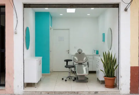 Façade et intérieur d'une clinique dentaire avec chaise d'examen, mur turquoise, plante verte, sol beige et meubles blancs, propre et accueillant.