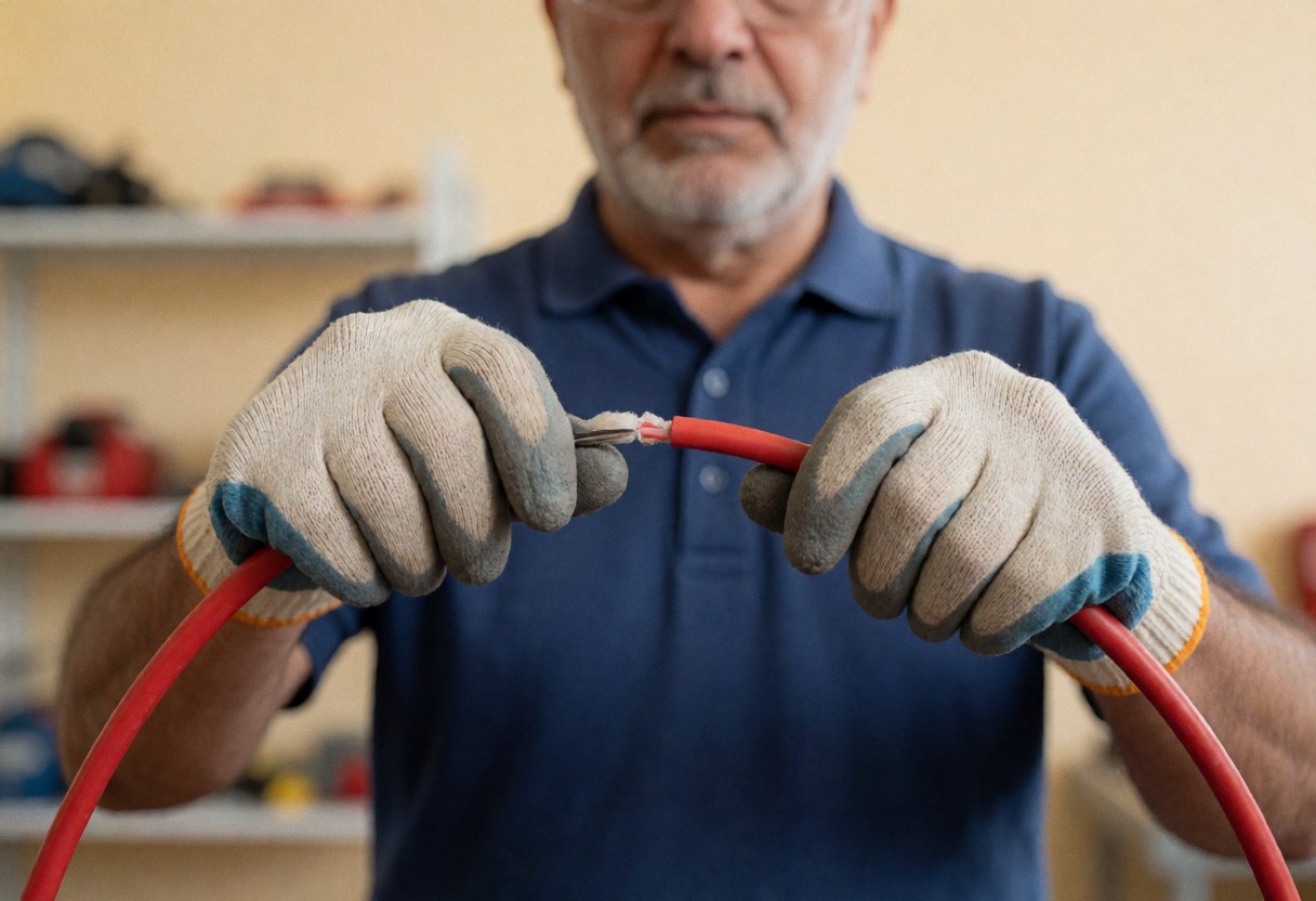 Un électricien portant des gants et des lunettes de sécurité manipule un câble rouge dans un atelier, démontrant sa précision.