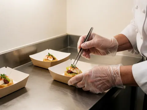 Gros plan d'un cuisinier en gants de latex utilisant des pinces pour préparer un sandwich dans une cuisine équipée d'une plaque en acier inoxydable.