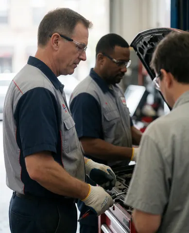 Une équipe technique travaille dans un atelier de réparation automobile.