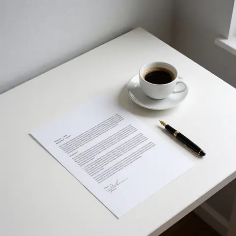 Un contrat posé à côté d'un stylo noir sur une table blanche, avec une tasse de café noir, évoquant le travail juridique et la signature de documents en bureau moderne.