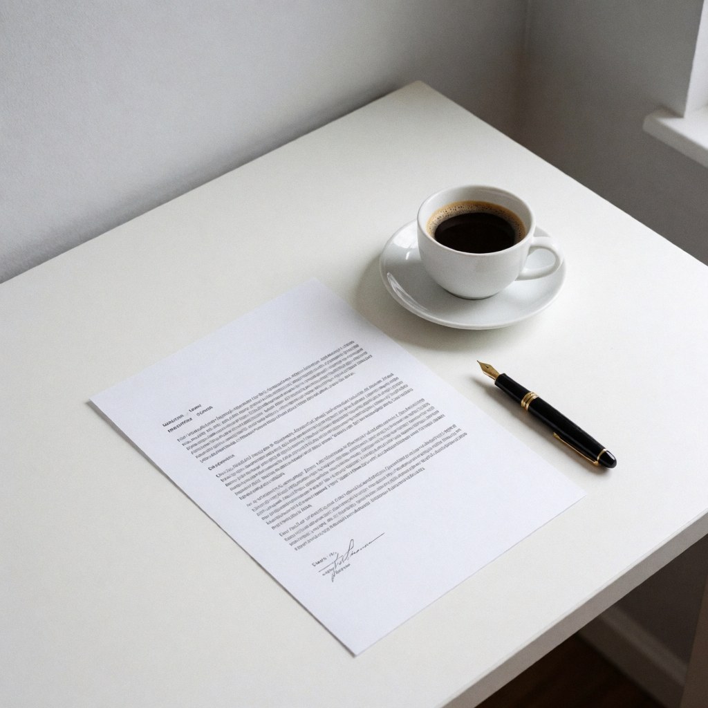 Un contrat posé à côté d'un stylo noir sur une table blanche, avec une tasse de café noir, évoquant le travail juridique et la signature de documents en bureau moderne.