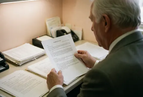 Un avocat d'âge mûr consulte des papiers sur un bureau de bureau avec téléphone et classeur, dans un environnement professionnel réaliste.