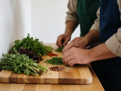 Des mains de cuisinier hachent des herbes et épices fraîches sur une planche à découper en bois dans une cuisine lumineuse aux murs blancs.