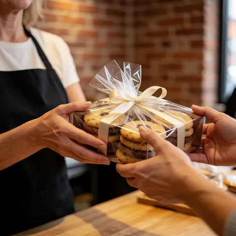 Une vendeuse en tablier blanc remet une boîte de biscuits gourmet attachée avec un ruban à un client dans une boulangerie au mur de briques rouges.