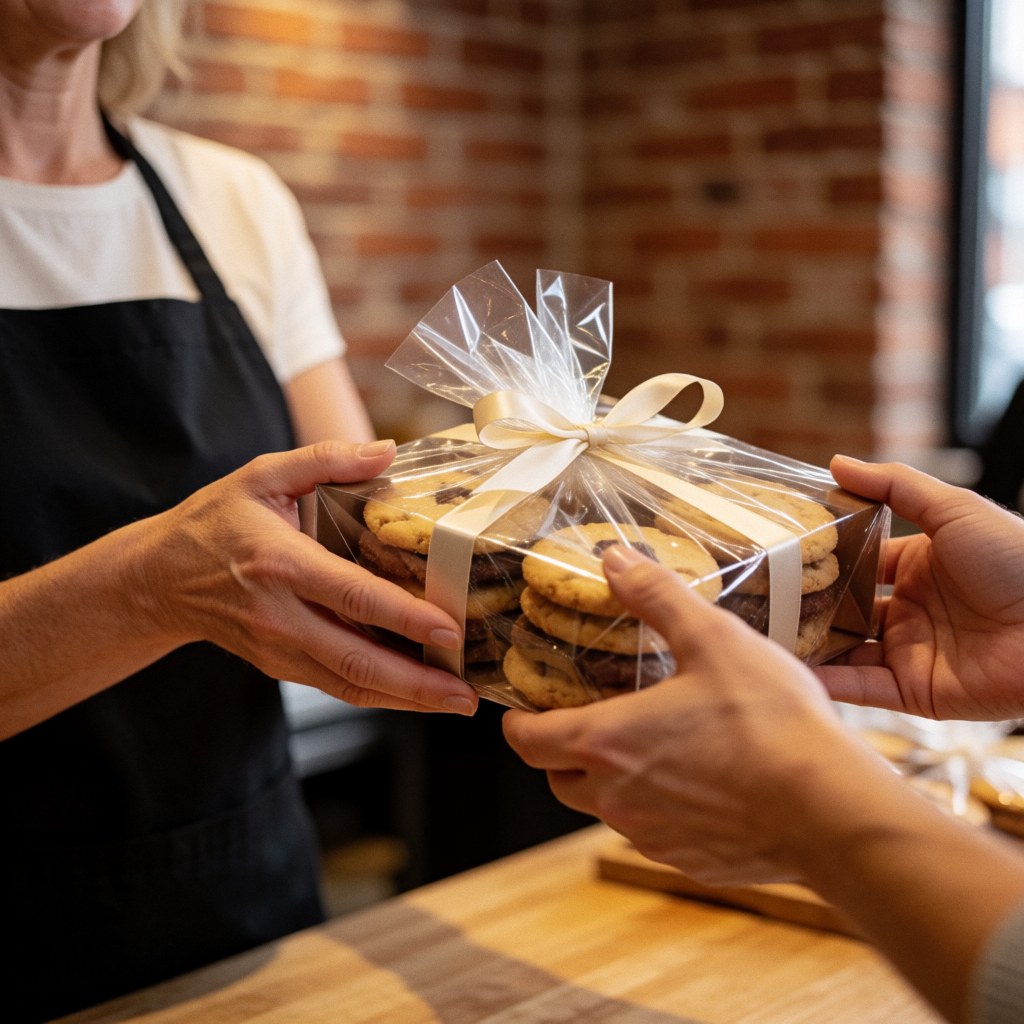 Une vendeuse en tablier blanc remet une boîte de biscuits gourmet attachée avec un ruban à un client dans une boulangerie au mur de briques rouges.