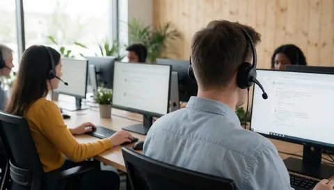 Des agents du service client utilisent des casques et des ordinateurs dans un bureau moderne lumineux avec plantes, créant une ambiance professionnelle.