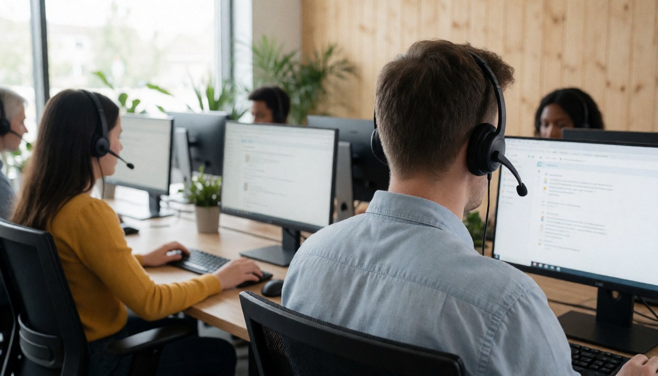 Des agents du service client utilisent des casques et des ordinateurs dans un bureau moderne lumineux avec plantes, créant une ambiance professionnelle.